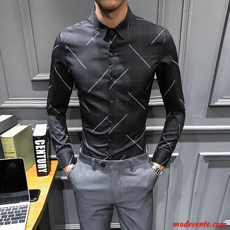 Chemise Homme Tendance Britanique Longues Slim Printemps De Travail Bleu