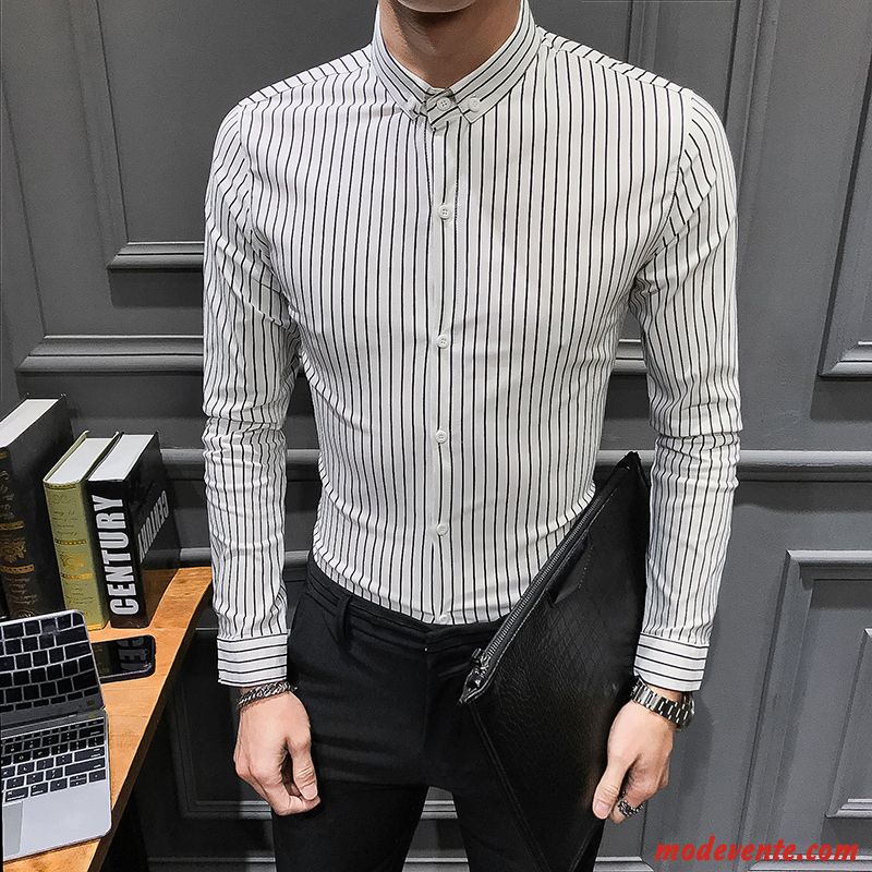 Chemise Homme Tendance Britanique Longues Slim Printemps De Travail Bleu