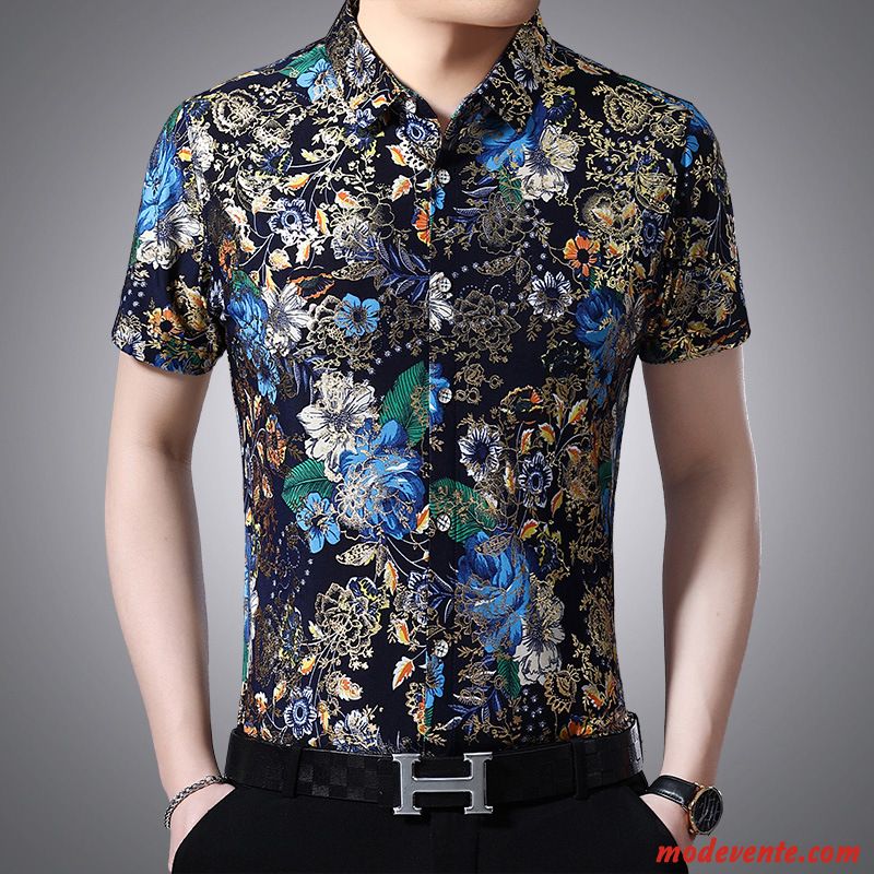 Chemise Homme Tendance Mode Personnalité Été Fleurs Modèle Impression Violet Or