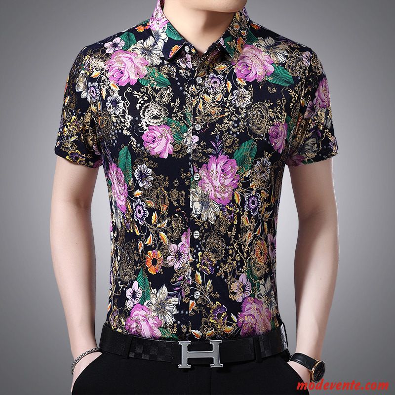 Chemise Homme Tendance Mode Personnalité Été Fleurs Modèle Impression Violet Or