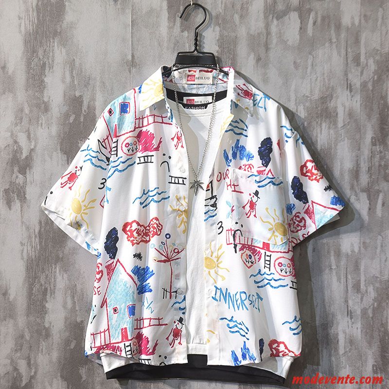 Chemise Homme Étudiant Été Rétro Baggy Dessin Animé Tendance Blanc