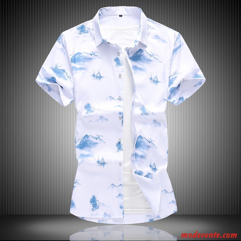 Chemise Homme Été Grande Taille Demi Manche Tendance Chemisette Impression Blanc