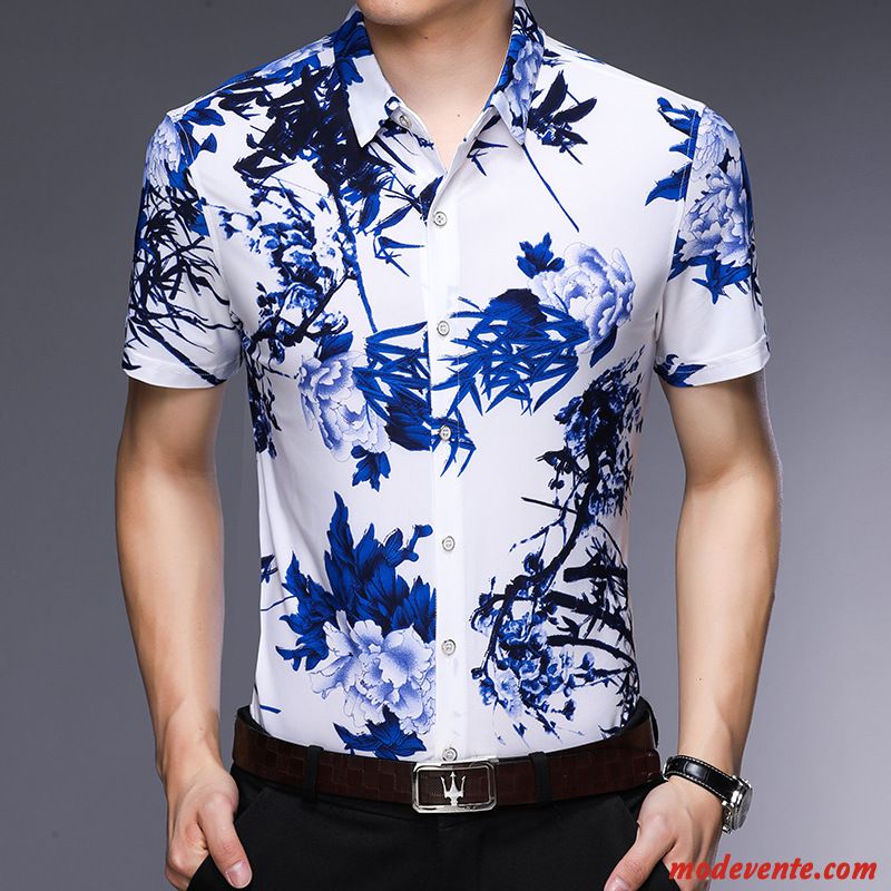 Chemise Homme Été Tendance Style Chinois Personnalité Fleur Courte Impression Bleu