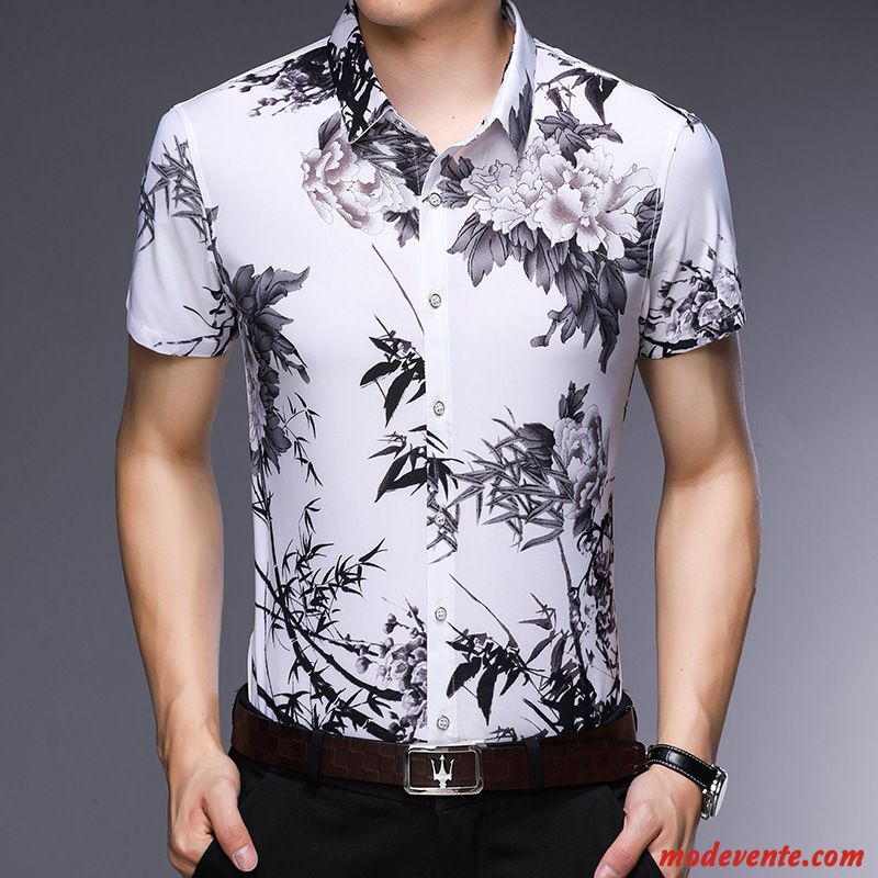 Chemise Homme Été Tendance Style Chinois Personnalité Fleur Courte Impression Bleu