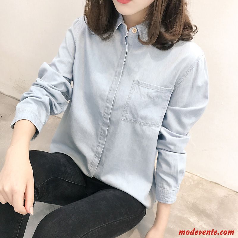 Chemisier Femme Chemise Étudiant Broderie Denim Slim Longues Gris Clair