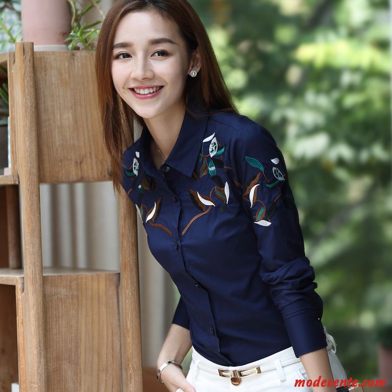 Chemisier Femme Coton L'automne Une Veste Broderie Professionnel Leggings Bleu Blanc