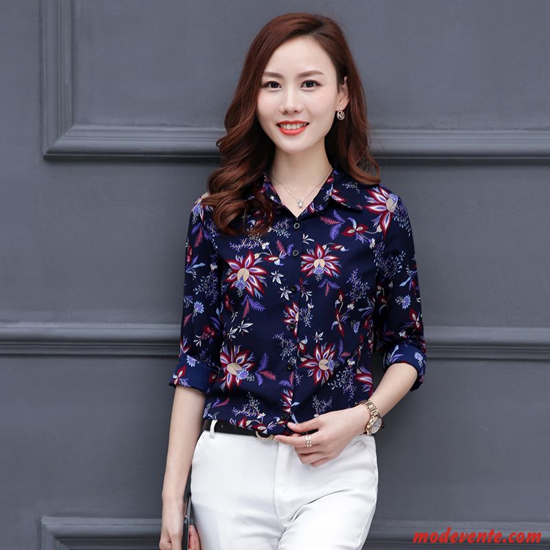 Chemisier Femme Mousseline De Soie Une Veste Rétro Printemps Floral Longues Impression Bleu