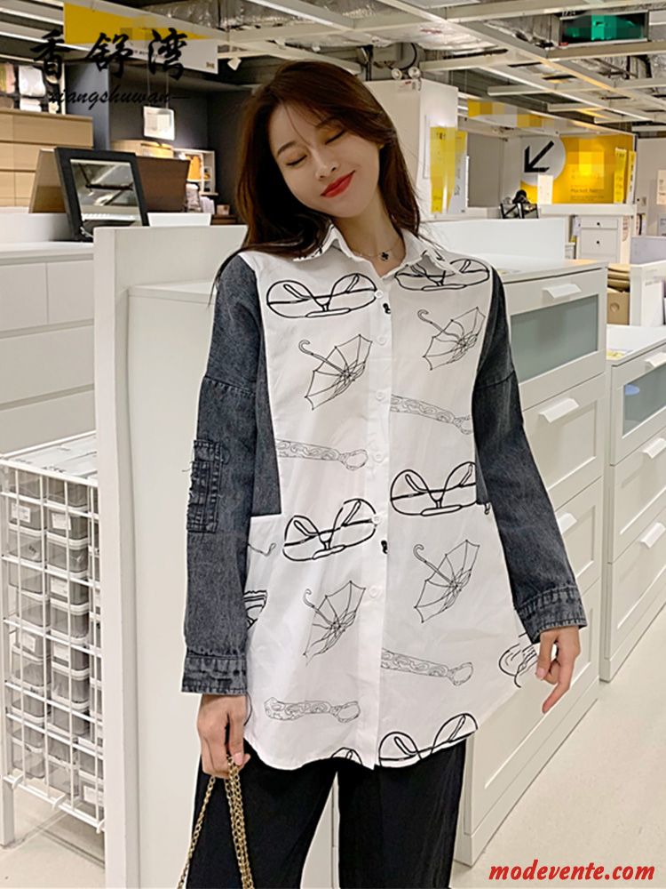 Chemisier Femme Une Veste Chemise Désign Épissure L'automne Denim Impression Bleu Blanc