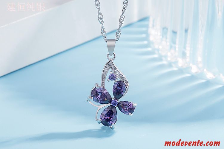 Collier Femme Cadeau D'anniversaire Cristal Pendentif Pure Violet Argent