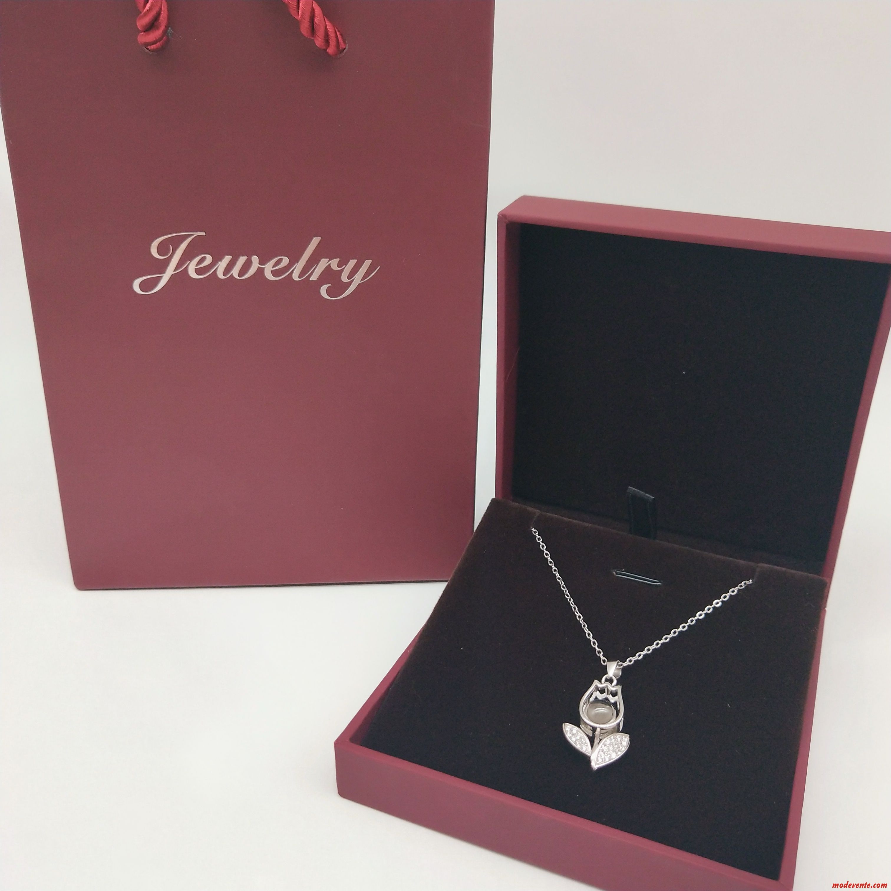 Collier Femme Cadeau Réseau Fleur Le Nouveau Pure Rose Rouge Argent