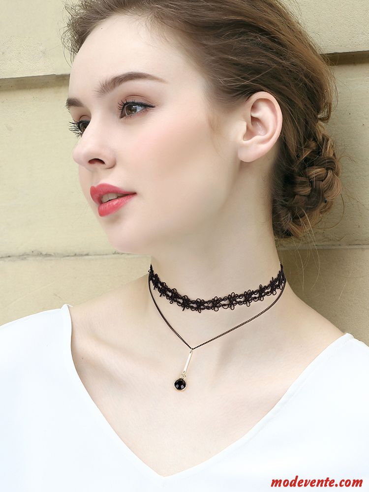 Collier Femme Couche Double Dentelle Noir