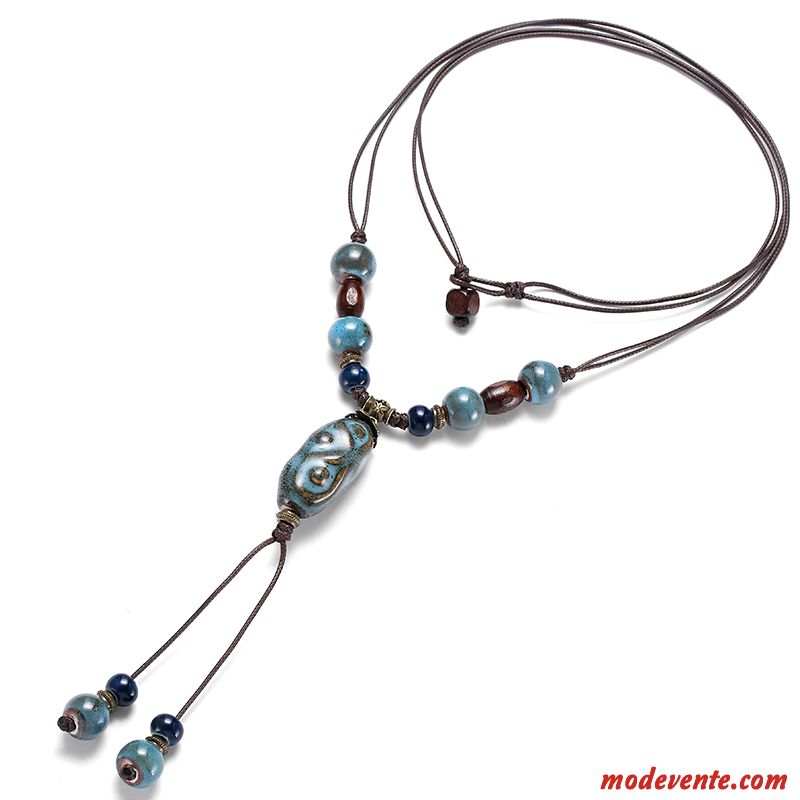 Collier Femme Céramique Accessoires Été Rétro Fleur Longue Section Bleu