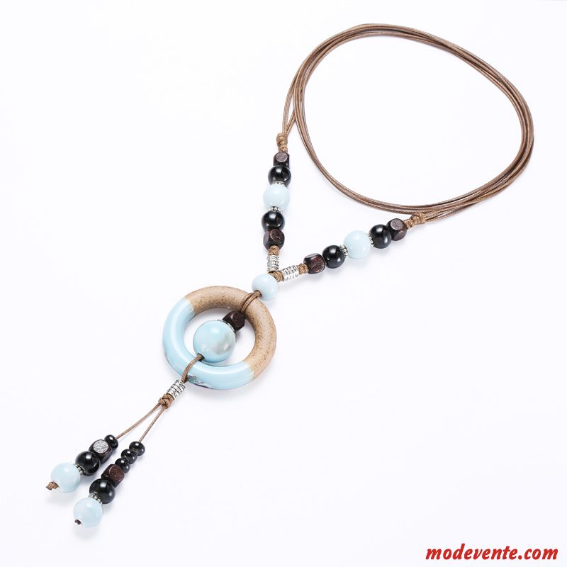 Collier Femme Céramique Accessoires Été Rétro Fleur Longue Section Bleu