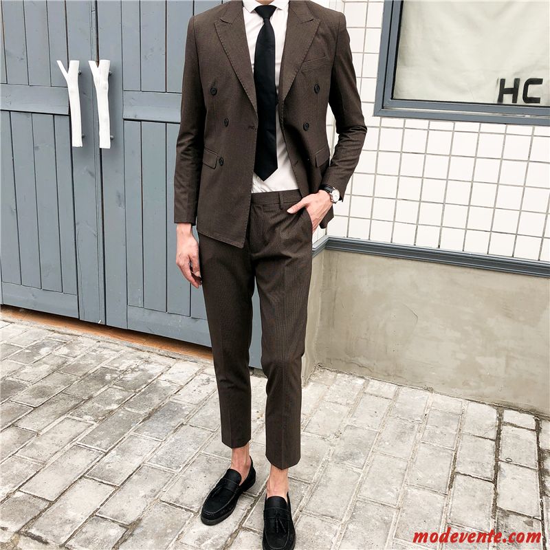 Costume Homme Double Breasted Slim Costume Formel Kaki Jeunesse Professionnel