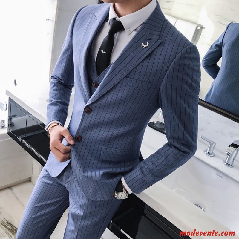 Costume Homme Décontractée Ensemble Rayé Slim Beau De Travail Bleu Clair