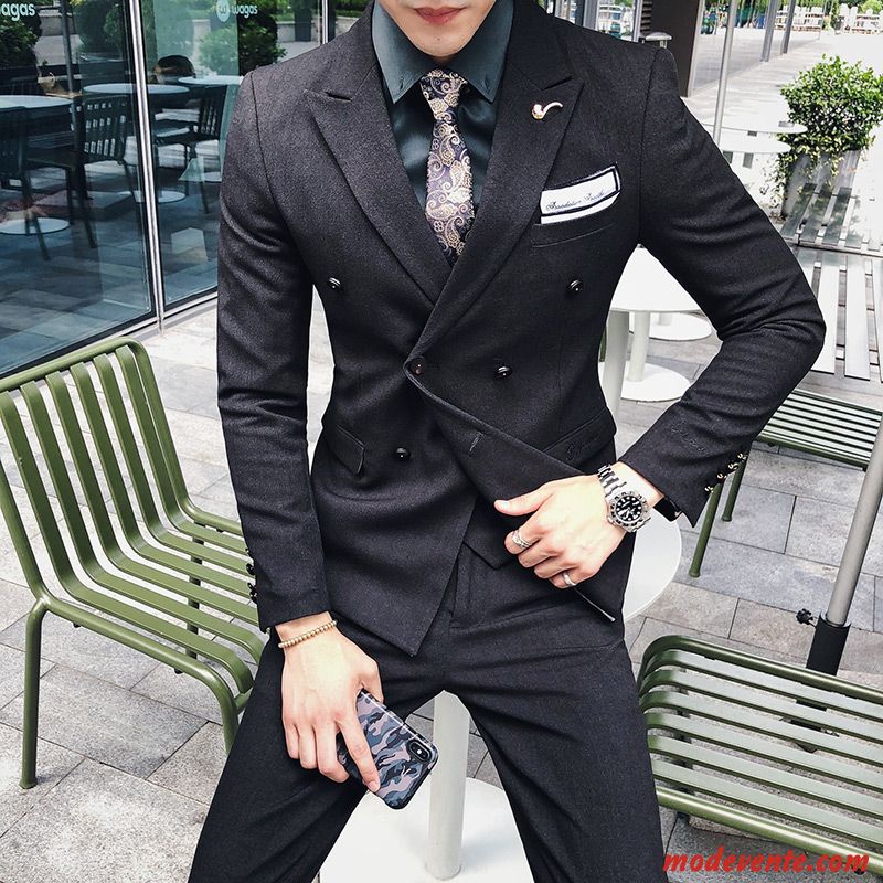 Costume Homme Ensemble Slim Tendance Original Britanique Double Breasted Bleu