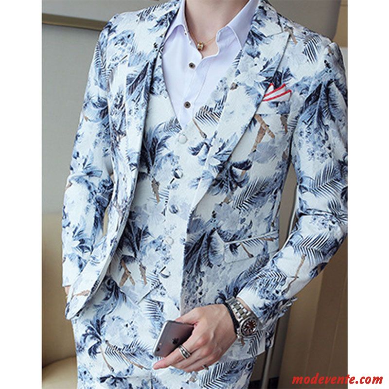 Costume Homme L'automne Manteau Printemps Décontractée Slim Floral Impression Blanc