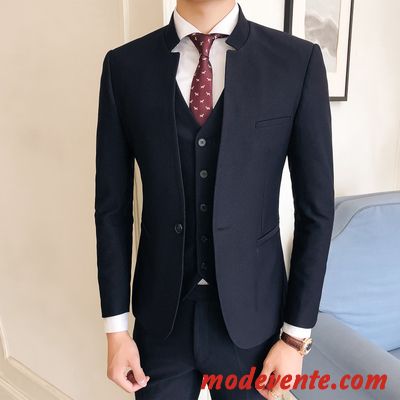 Costume Homme Slim Ensemble Britanique Costume Formel Col Mandarin Tempérament Pure Bleu