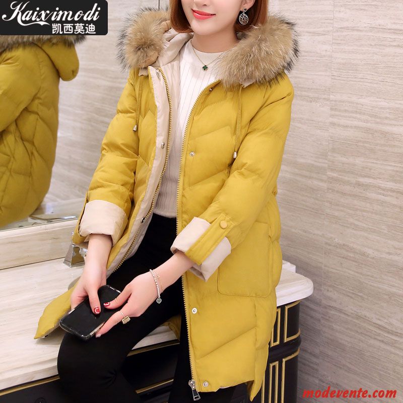 Doudoune Femme Longue Manteau Veste En Coton Épaissir Fourrure Duvet Hiver Jaune