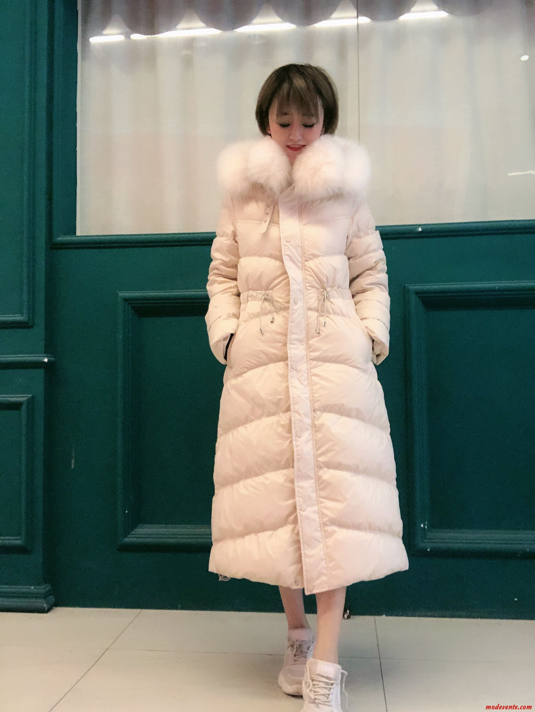Doudoune Femme Longue Épaissir Renard Manteau Tendance Grand Col De Fourrure Rouge Rose