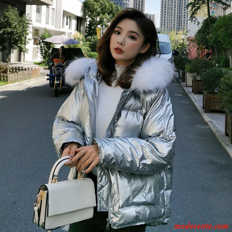 Doudoune Femme Manteau Tendance Hiver Ente Unten Grand Col De Fourrure Blanc Argent