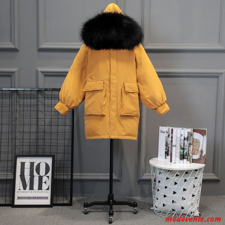 Doudoune Femme Mode Longue Tendance Épaissir Hiver Cuir Suède Jaune