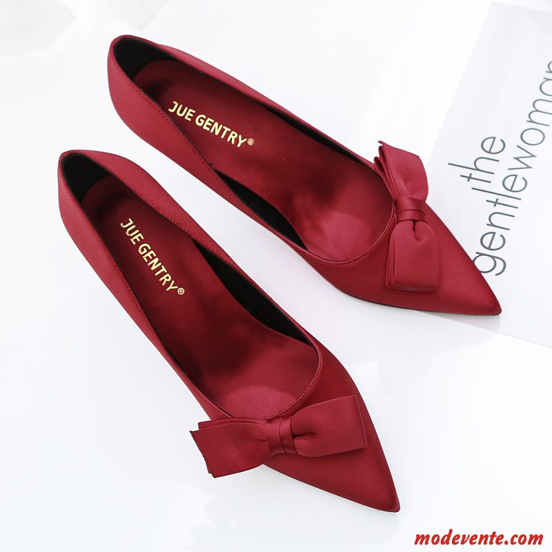 Escarpins Femme Minces Derbies Fête Soie Chaussures De Mariage Pointe Pointue Rouge