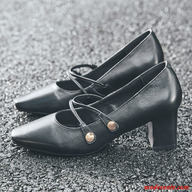 Escarpins Femme Tête Carrée Tous Les Assortis Printemps Cuir Véritable Chaussures De Travail Épais Noir Clair