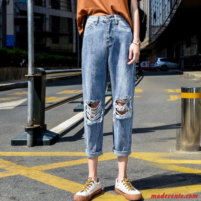 Jeans Femme Baggy Mince Haute Cintrée L'automne Printemps Des Trous Bleu Rouge