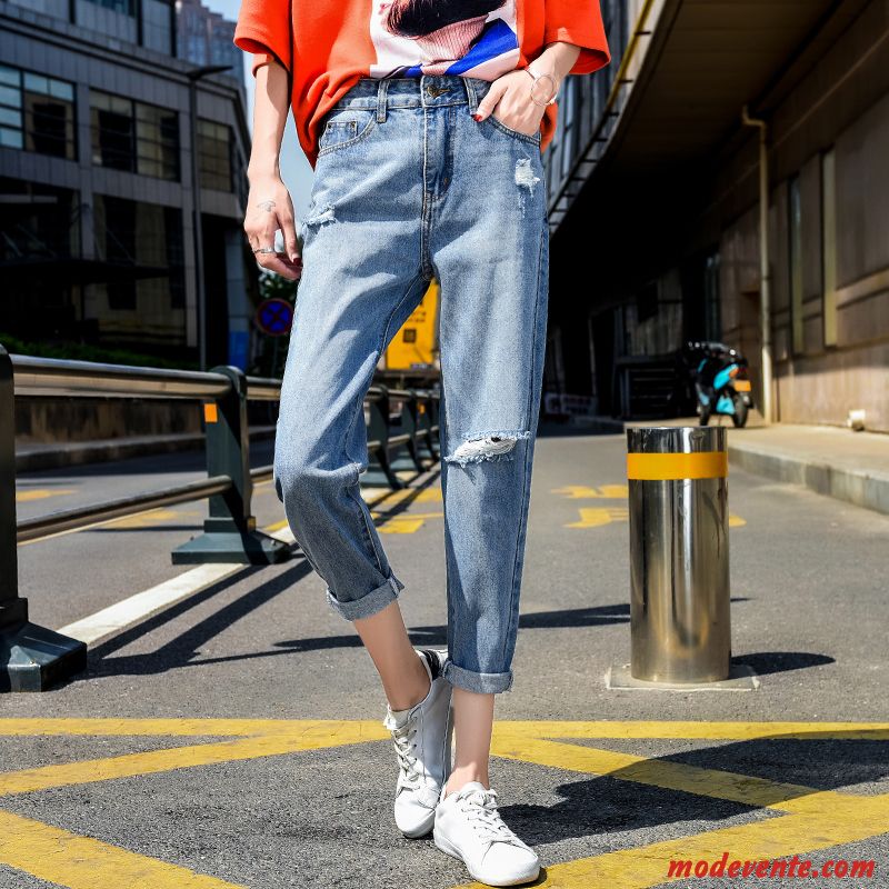 Jeans Femme Baggy Mince Haute Cintrée L'automne Printemps Des Trous Bleu Rouge