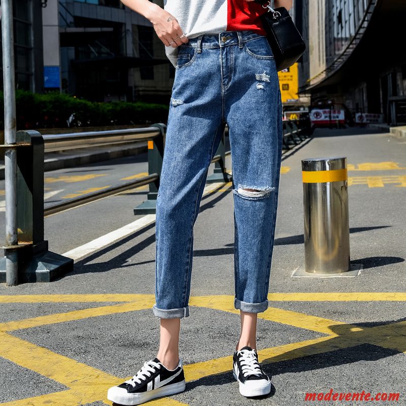 Jeans Femme Baggy Mince Haute Cintrée L'automne Printemps Des Trous Bleu Rouge