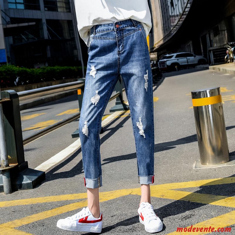 Jeans Femme Baggy Mince Haute Cintrée L'automne Printemps Des Trous Bleu Rouge