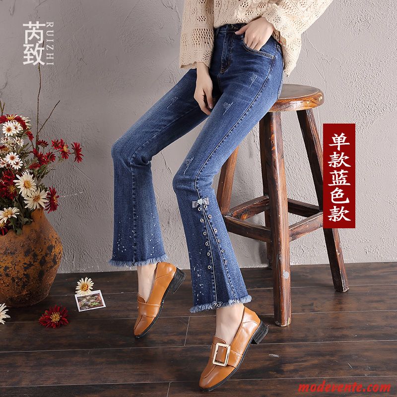 Jeans Femme Bord Pantalon L'automne Été Jean Évasé Printemps Bleu
