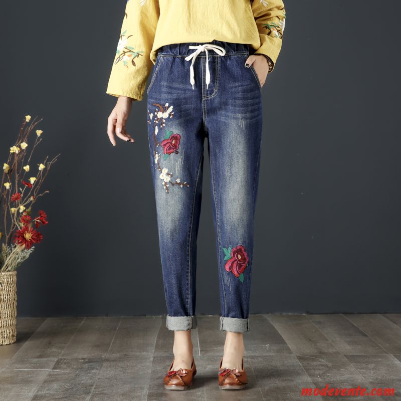 Jeans Femme Broderie Harlan L'automne Jambe Droite Grande Taille Pantalon Bleu Marin