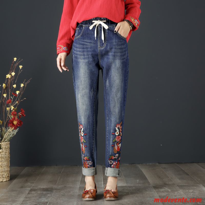 Jeans Femme Broderie Harlan L'automne Jambe Droite Grande Taille Pantalon Bleu Marin