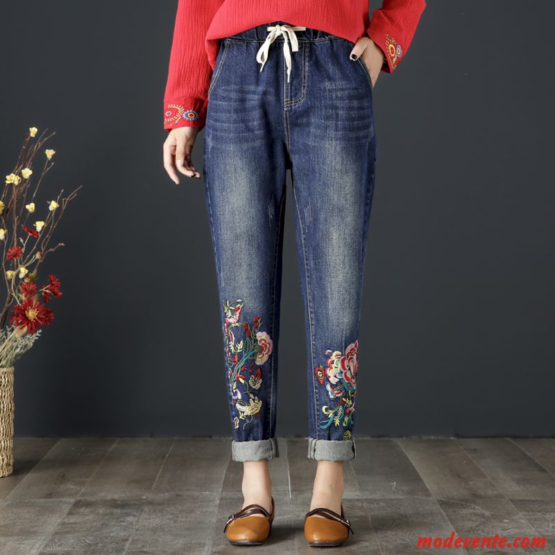 Jeans Femme Broderie Harlan L'automne Jambe Droite Grande Taille Pantalon Bleu Marin