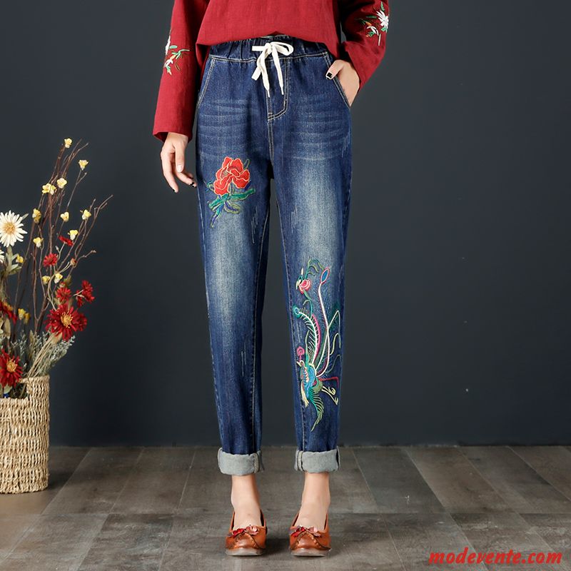 Jeans Femme Broderie Harlan L'automne Jambe Droite Grande Taille Pantalon Bleu Marin