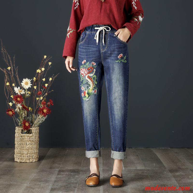 Jeans Femme Broderie Harlan L'automne Jambe Droite Grande Taille Pantalon Bleu Marin