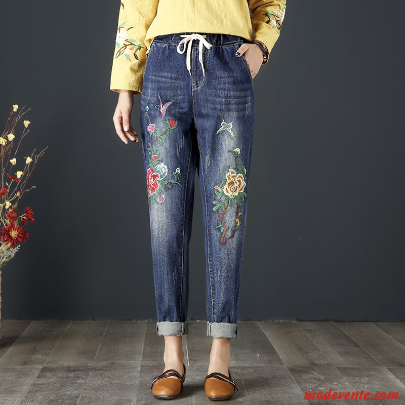 Jeans Femme Broderie Harlan L'automne Jambe Droite Grande Taille Pantalon Bleu Marin