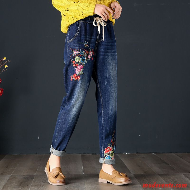 Jeans Femme Broderie Harlan L'automne Jambe Droite Grande Taille Pantalon Bleu Marin