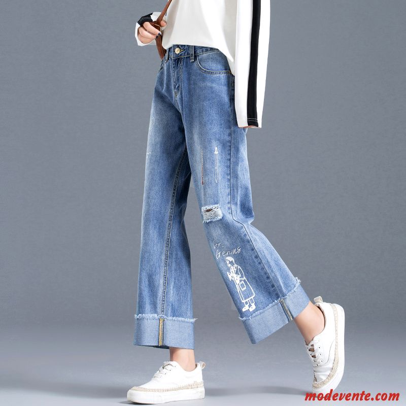 Jeans Femme Collants Jambe Droite Haute Cintrée Mince Des Trous Baggy Bleu Foncé
