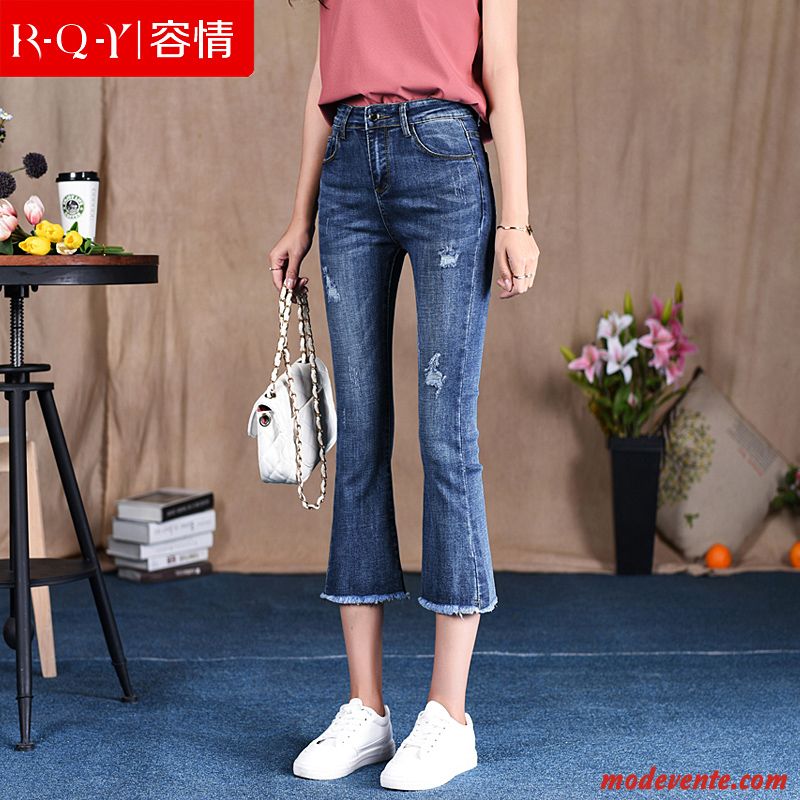 Jeans Femme Extensible Courte Été Mince Grande Taille Haute Cintrée Bleu Foncé