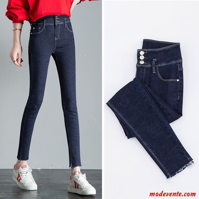 Jeans Femme Extensible Mince Moulant Haute Cintrée Longue Pantalon Bleu Marin