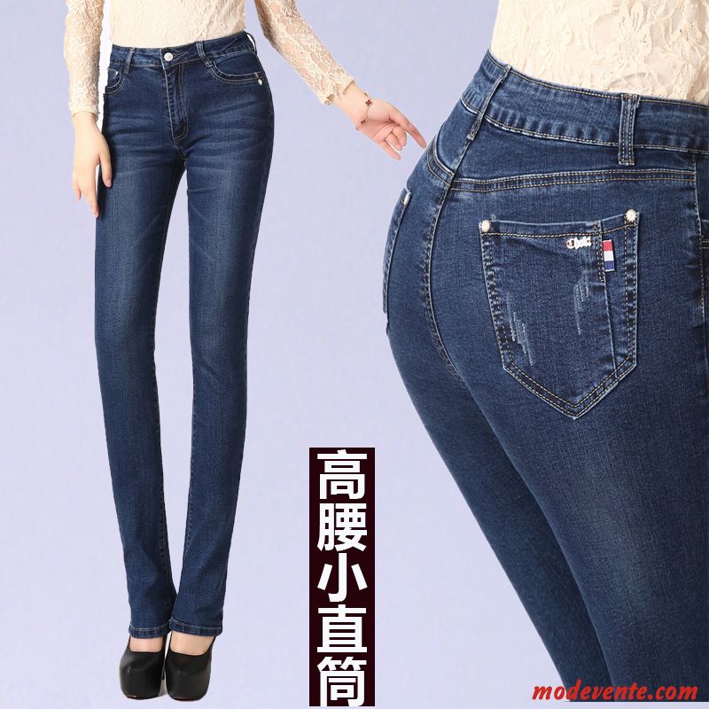 Jeans Femme Grande Taille Baggy Serrer Printemps Haute Cintrée Mince Bleu Marin