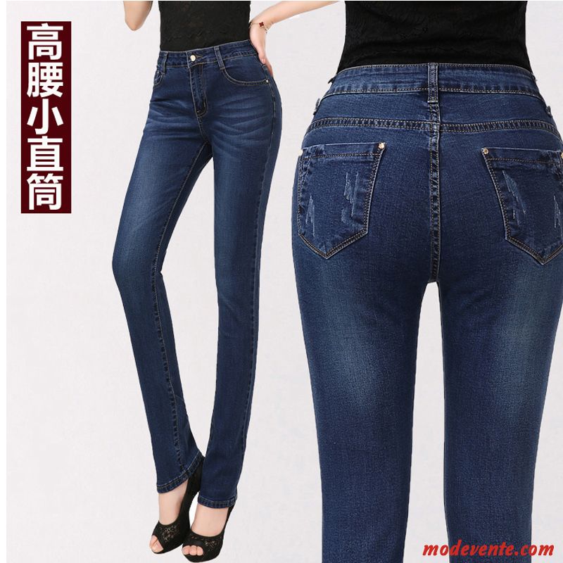 Jeans Femme Grande Taille Baggy Serrer Printemps Haute Cintrée Mince Bleu Marin