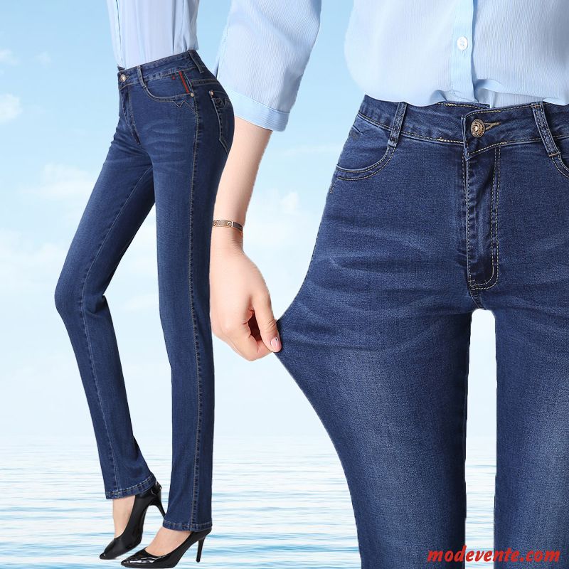 Jeans Femme Grande Taille Baggy Serrer Printemps Haute Cintrée Mince Bleu Marin