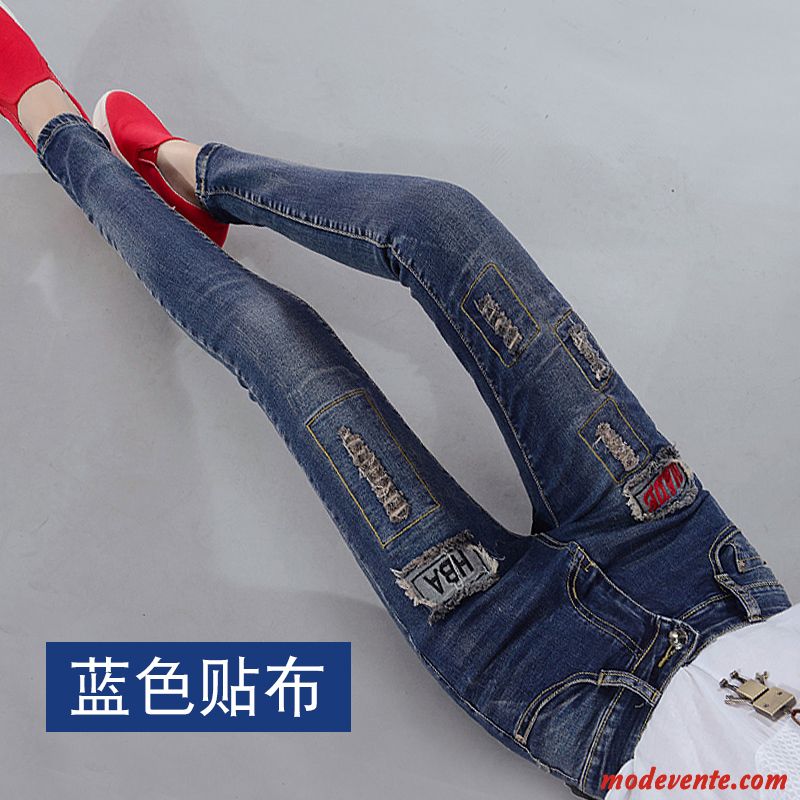 Jeans Femme L'automne Troués Mince Haute Cintrée Printemps Moulant Bleu