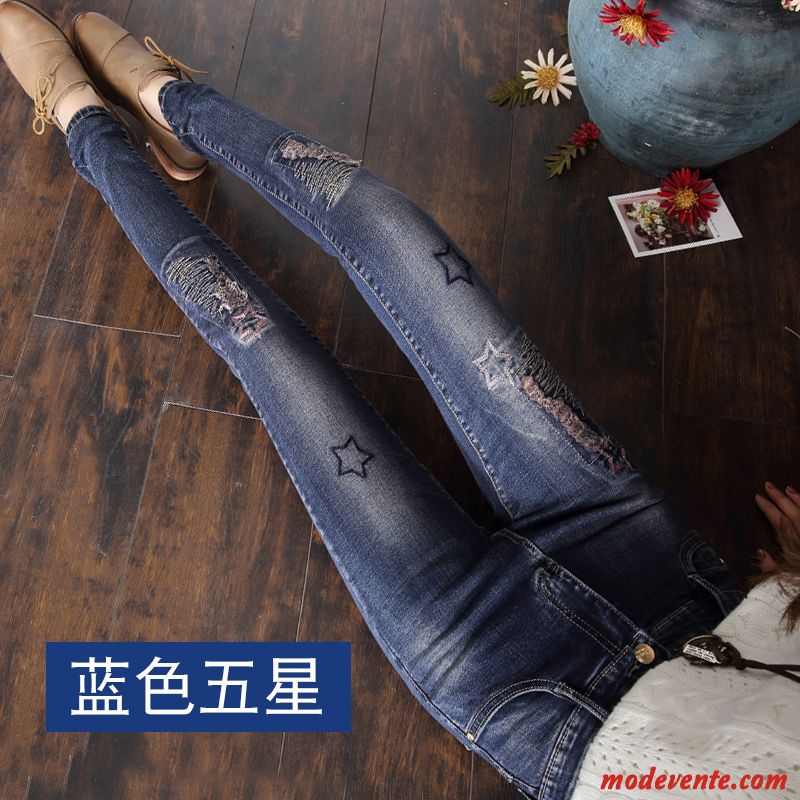 Jeans Femme L'automne Troués Mince Haute Cintrée Printemps Moulant Bleu