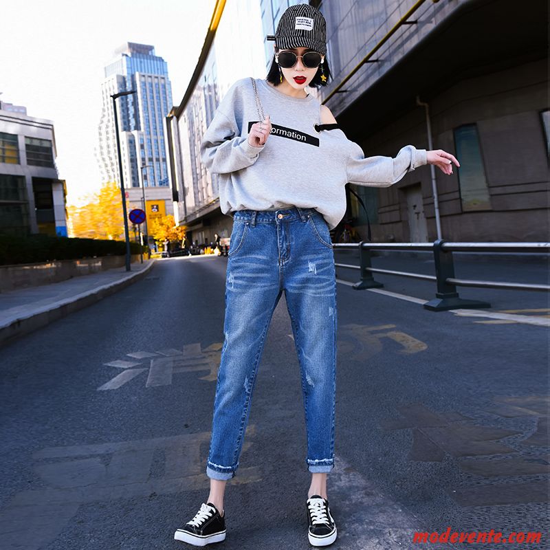 Jeans Femme Mince Extensible Pantalon Printemps L'automne Étudiant Bleu Clair