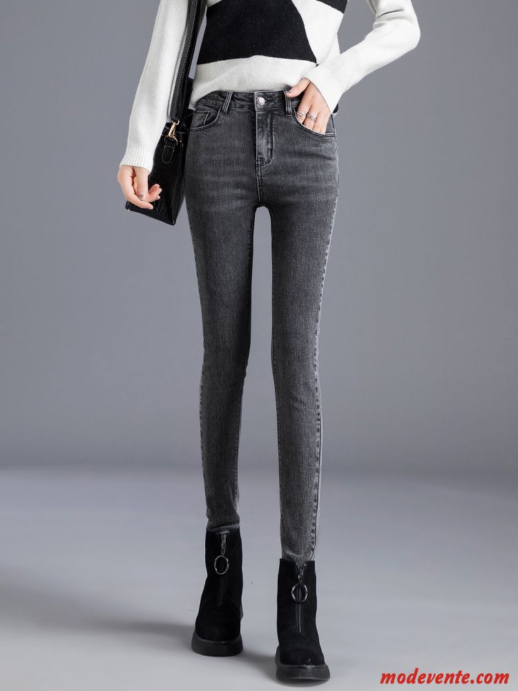 Jeans Femme Mince Moulant Pantalon L'automne Slim Haute Cintrée Bleu Gris